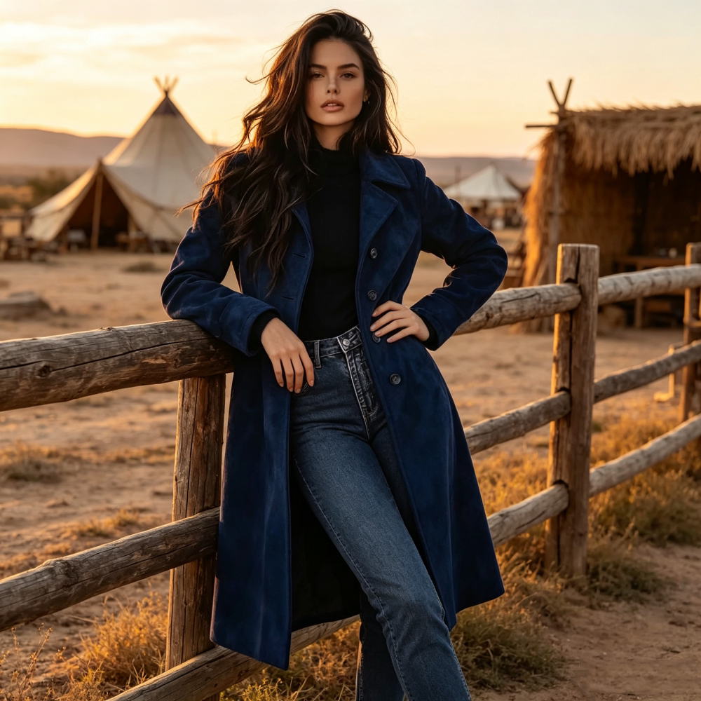 Women's Suede-look Lapel Trench Coat Long Wrap Coat Fall Winter Coat Office Workwear Outfit for Women