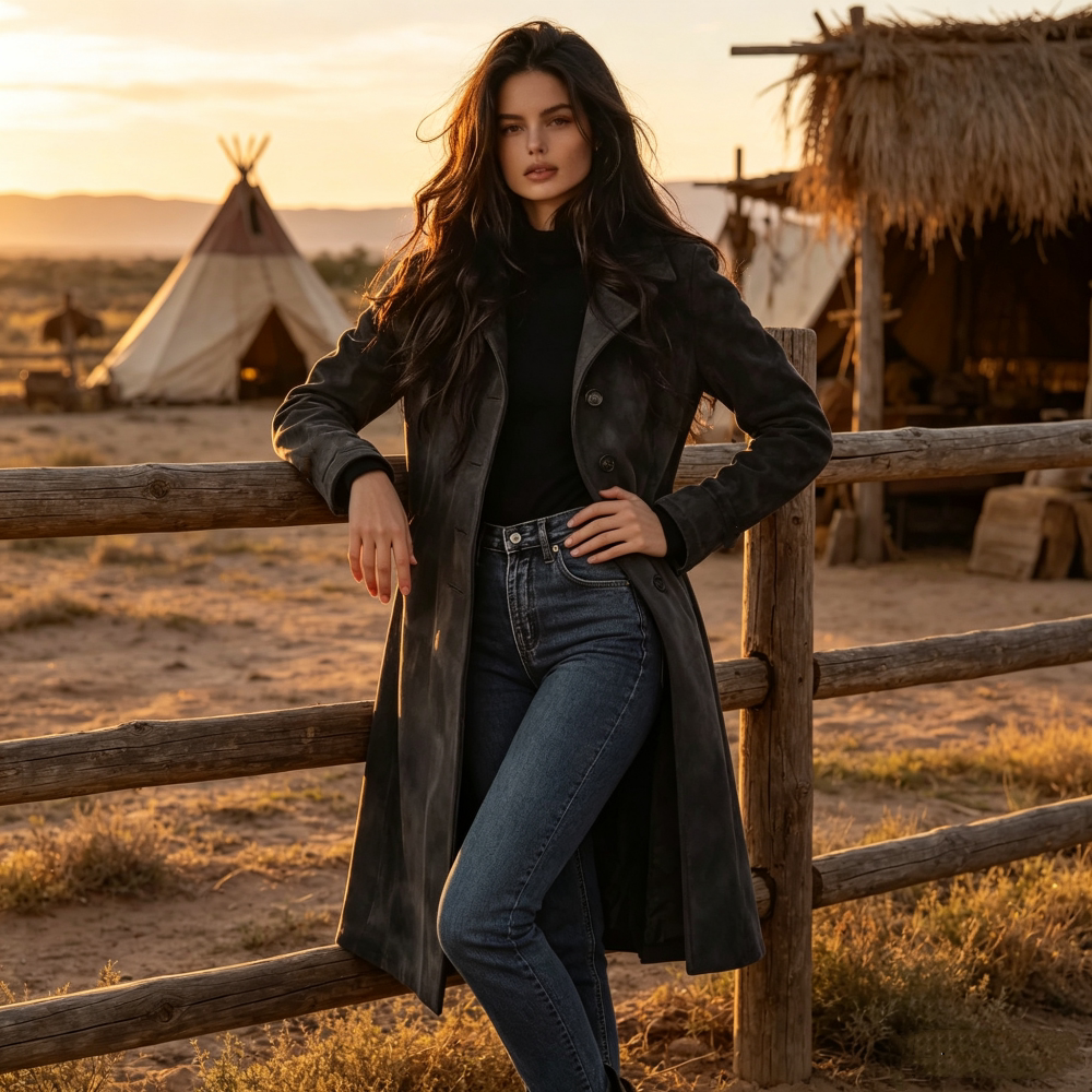 Women's Suede-look Lapel Trench Coat Long Wrap Coat Fall Winter Coat Office Workwear Outfit for Women