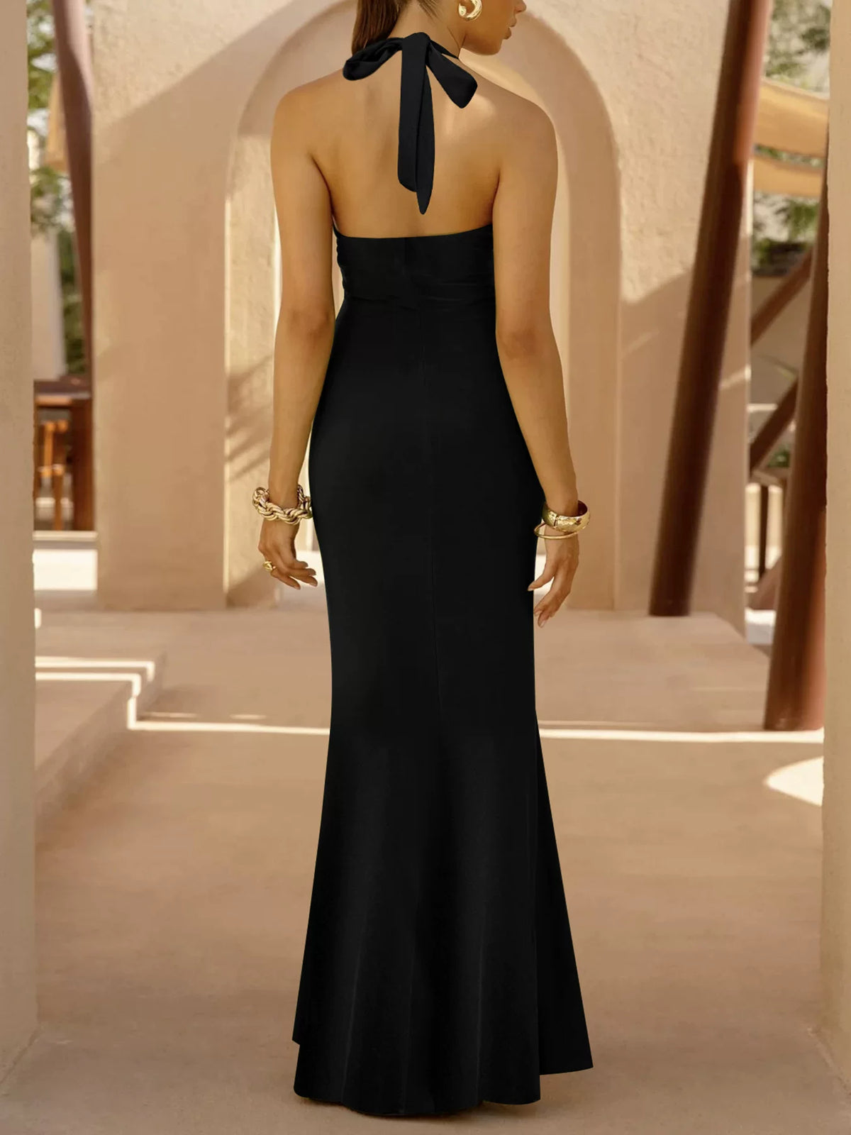 Women's V-neck Black High-waist Maxi Evening Dress Formal Midi Dress Party Dress Formal Party Wedding Guest Dress