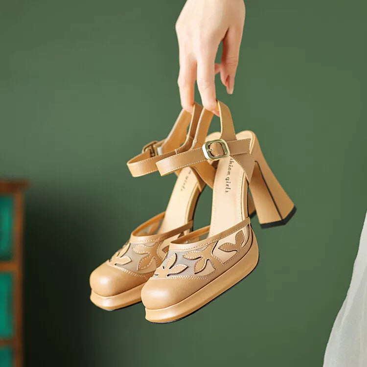 Women's Platform Leather Closed Toe Block Heel High Heel Cutout French-Inspired Retro Sandals for Summer Weddings Beach Vacation Everyday Wear