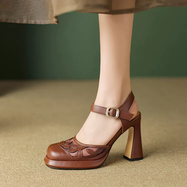 Women's Platform Leather Closed Toe Block Heel High Heel Cutout French-Inspired Retro Sandals for Summer Weddings Beach Vacation Everyday Wear