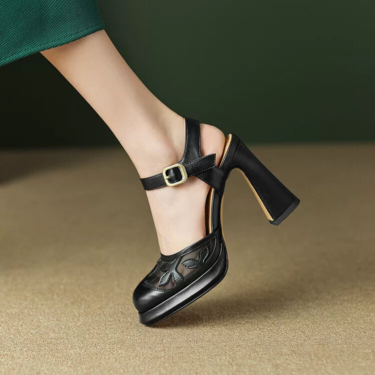 Women's Platform Leather Closed Toe Block Heel High Heel Cutout French-Inspired Retro Sandals for Summer Weddings Beach Vacation Everyday Wear