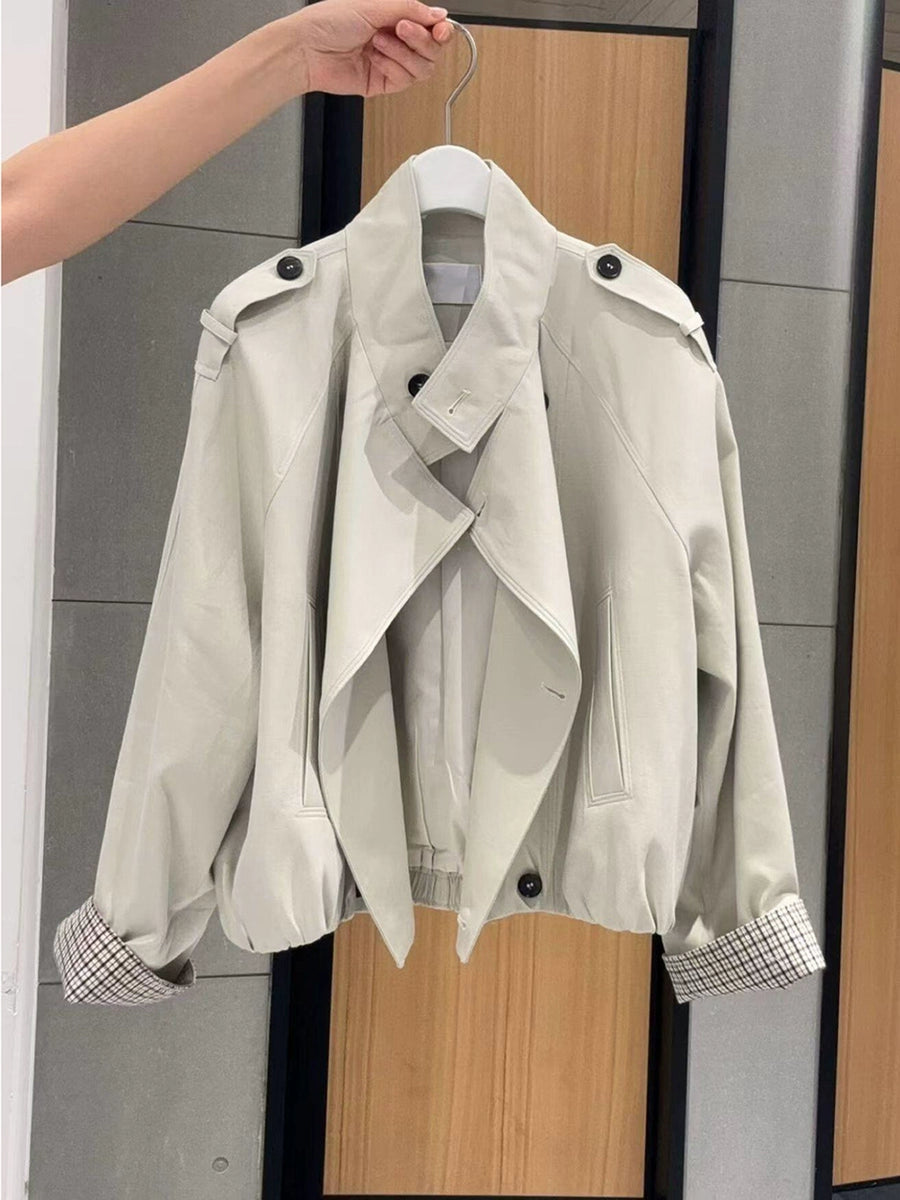 Women's Double-Breasted Office Mandarin Collar Petite Oversized Cropped Workwear Trench Coat for Fall Layering Travel Holiday Date Night Fall Winter