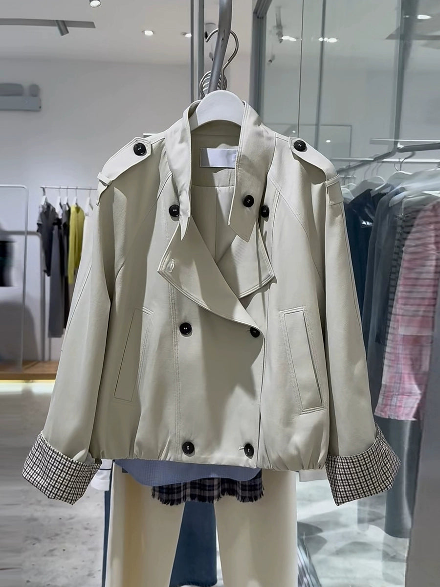 Women's Double-Breasted Office Mandarin Collar Petite Oversized Cropped Workwear Trench Coat for Fall Layering Travel Holiday Date Night Fall Winter