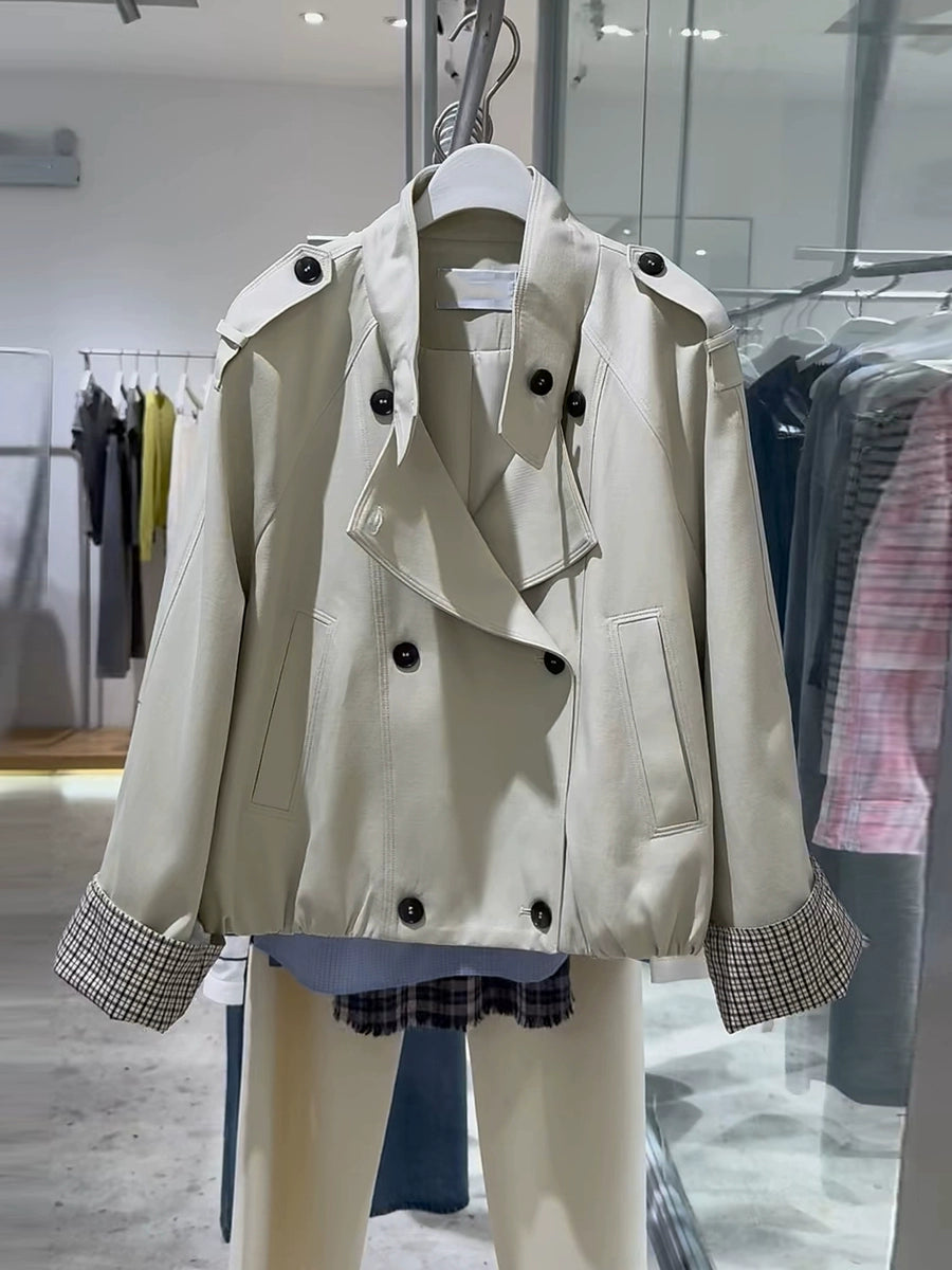Women's Double-Breasted Office Mandarin Collar Petite Oversized Cropped Workwear Trench Coat for Fall Layering Travel Holiday Date Night Fall Winter