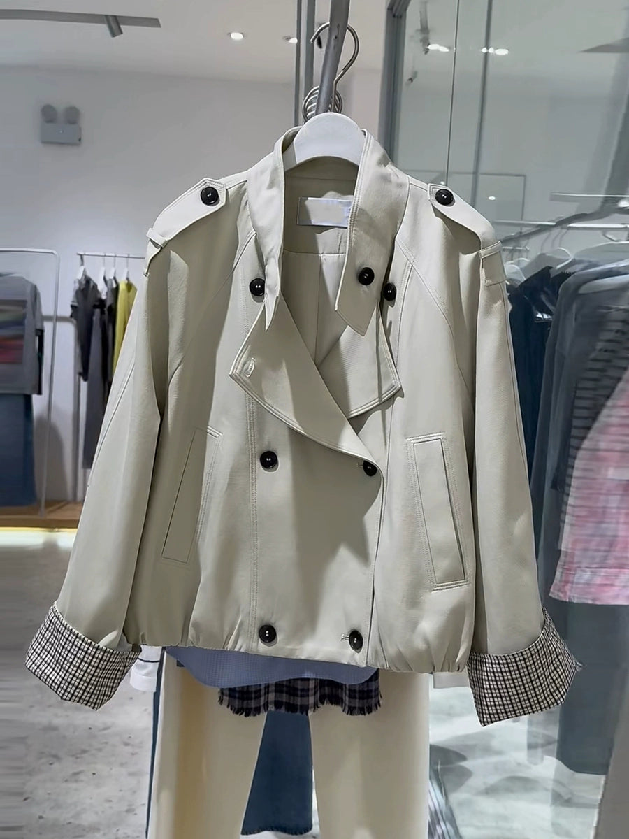 Women's Double-Breasted Office Mandarin Collar Petite Oversized Cropped Workwear Trench Coat for Fall Layering Travel Holiday Date Night Fall Winter