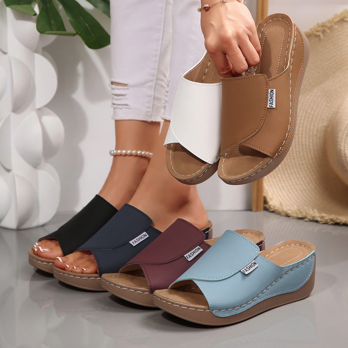Women's Wedge Outdoor Beach Slide Slippers Open-toe Heeled Slides