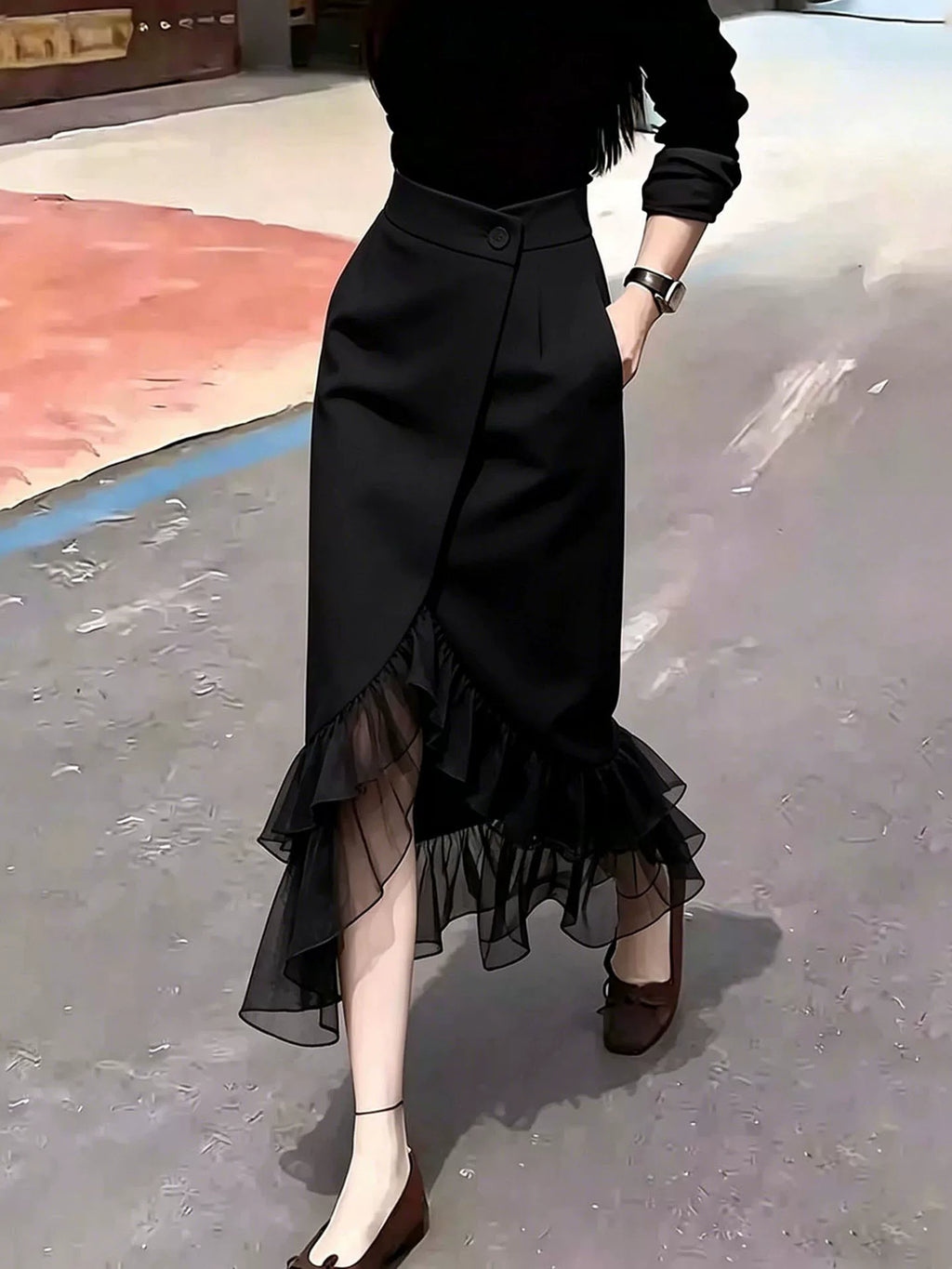 Women's Black Mermaid Breathable Mesh Midi Skirt for Summer Outfits Office Weekend Everyday Date Night