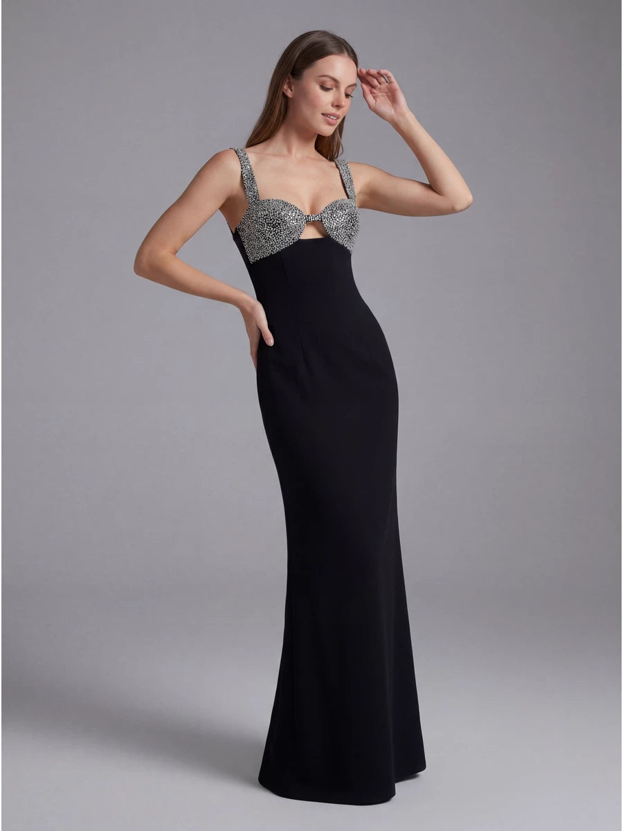 Women's Black Slim-Fit Crystal Party Evening Dress Formal Midi Dress Tie for Wedding Guest Cocktail Prom Date Night Holiday Party