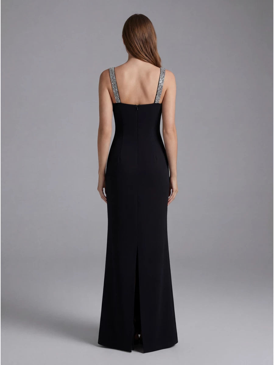Women's Black Slim-Fit Crystal Party Evening Dress Formal Midi Dress Tie for Wedding Guest Cocktail Prom Date Night Holiday Party