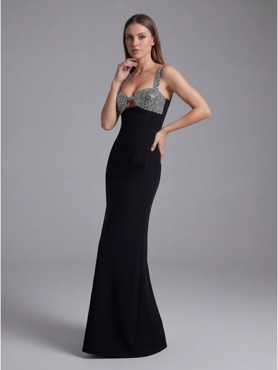 Women's Black Slim-Fit Crystal Party Evening Dress Formal Midi Dress Tie for Wedding Guest Cocktail Prom Date Night Holiday Party
