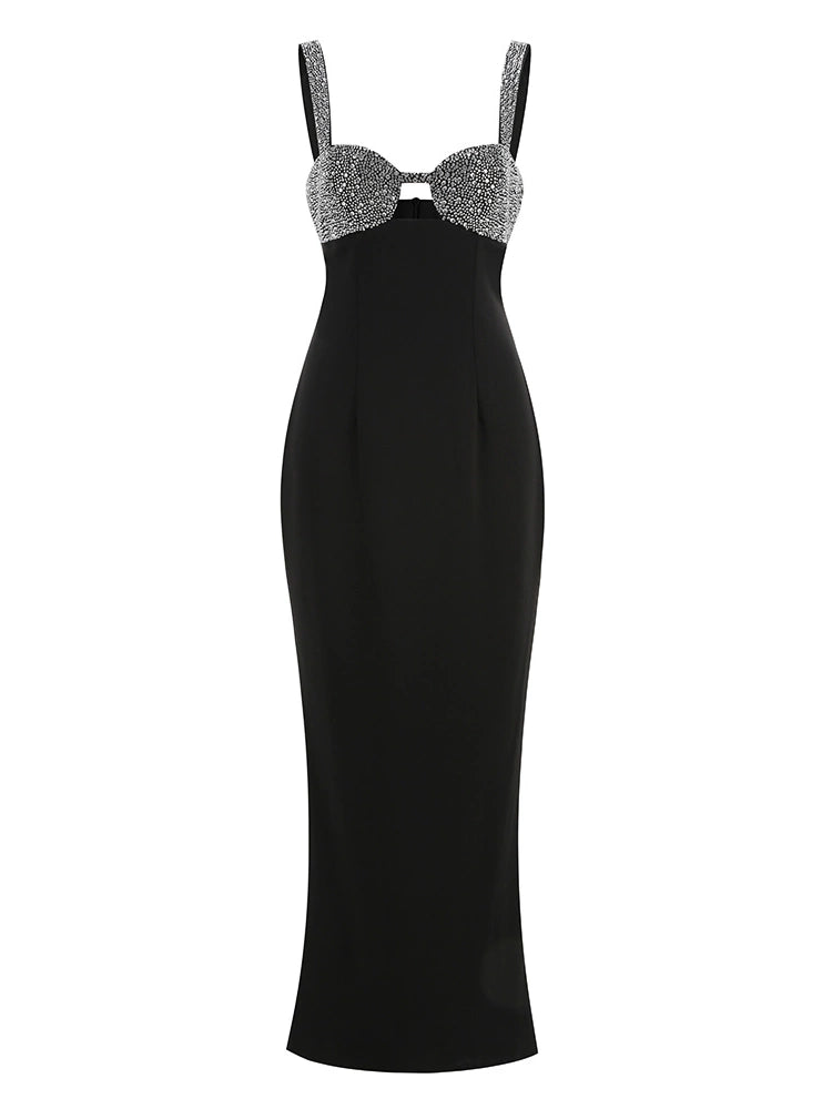 Women's Black Slim-Fit Crystal Party Evening Dress Formal Midi Dress Tie for Wedding Guest Cocktail Prom Date Night Holiday Party