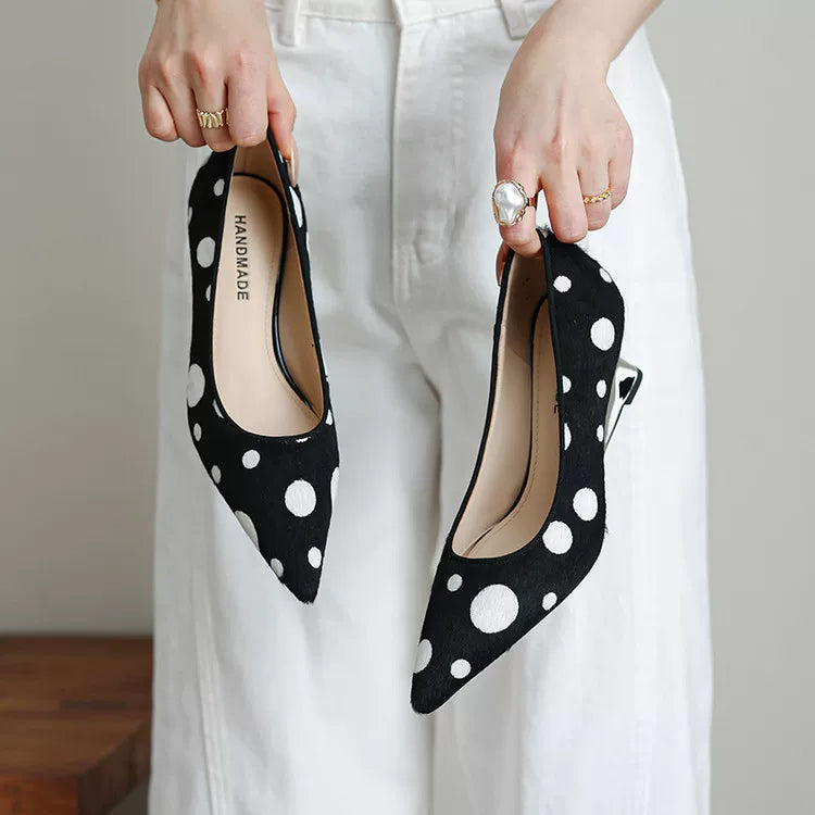 Women's Polka-Dot Office Leather Pointed Toe High Heel French-Inspired Workwear Pumps Closed-Toe Dress Heels Wedding Guest Cocktail Party