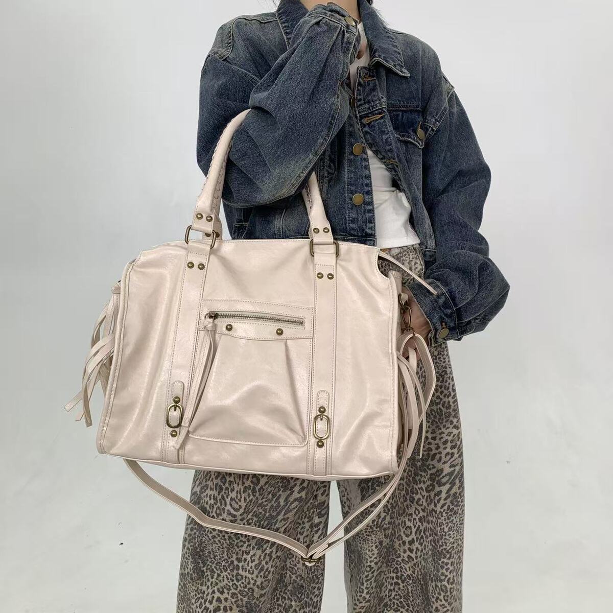 Women's Large-Capacity Y2k Streetwear Studded Tassel Retro Tote Bag Shoulder Crossbody Purse Work and Travel Office