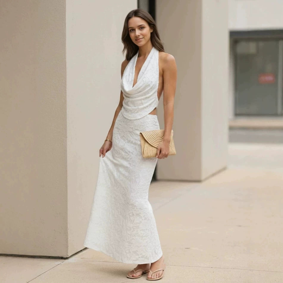 White Jacquard Halter Vest and Bodycon Skirt Set, Summer Vacation Two-Piece Dress for Women