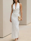 White Jacquard Halter Vest and Bodycon Skirt Set, Summer Vacation Two-Piece Dress for Women
