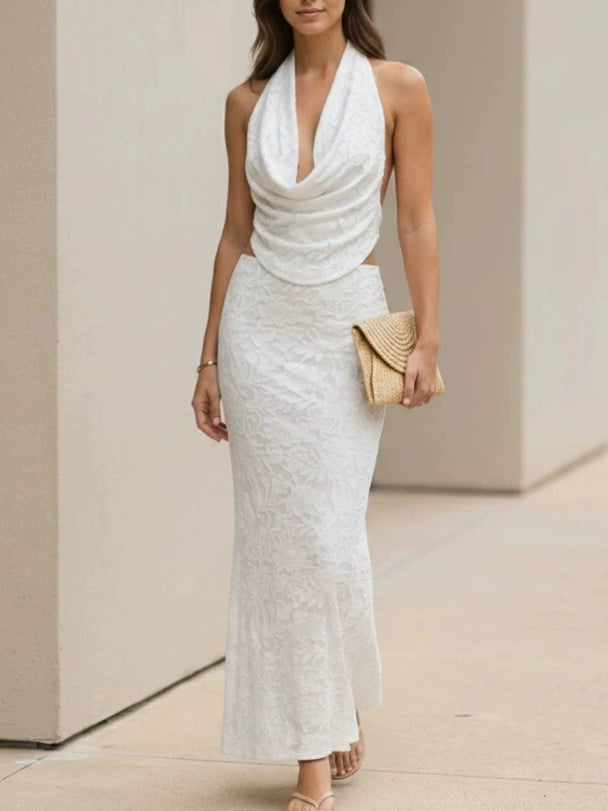 White Jacquard Halter Vest and Bodycon Skirt Set, Summer Vacation Two-Piece Dress for Women