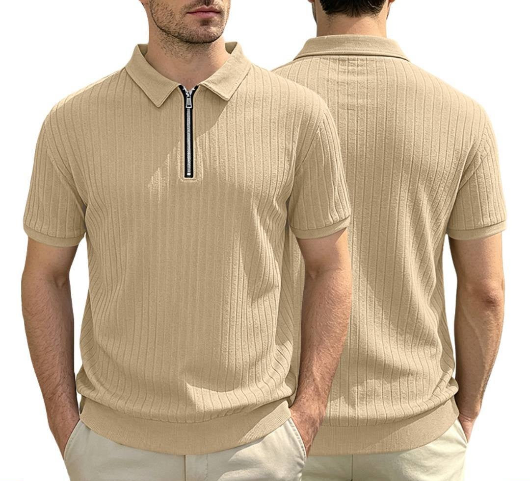 Men's Half-Zip Knit Polo Striped Breathable Cropped Casual Clothing Shirt Everyday Outfit