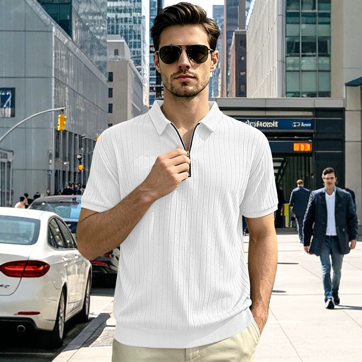 Men's Half-Zip Knit Polo Striped Breathable Cropped Casual Clothing Shirt Everyday Outfit