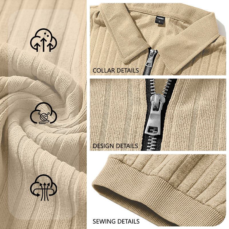 Men's Half-Zip Knit Polo Striped Breathable Cropped Casual Clothing Shirt Everyday Outfit