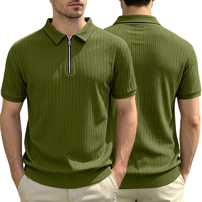 Men's Half-Zip Knit Polo Striped Breathable Cropped Casual Clothing Shirt Everyday Outfit