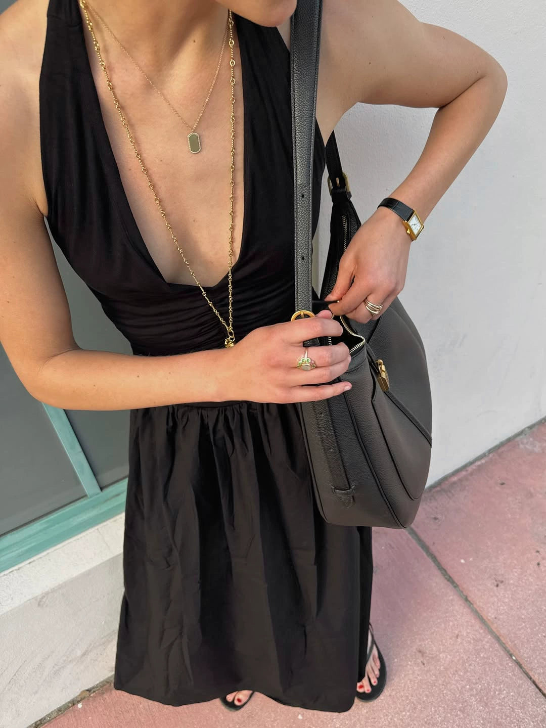 Black Halter V-Neck Knit A-Line Dress, French Vintage High-Waist Modal Dress for Women