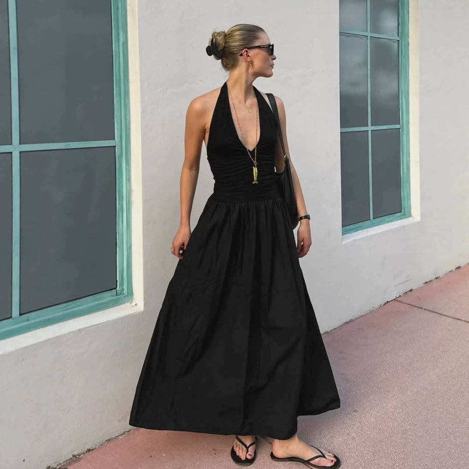 Black Halter V-Neck Knit A-Line Dress, French Vintage High-Waist Modal Dress for Women