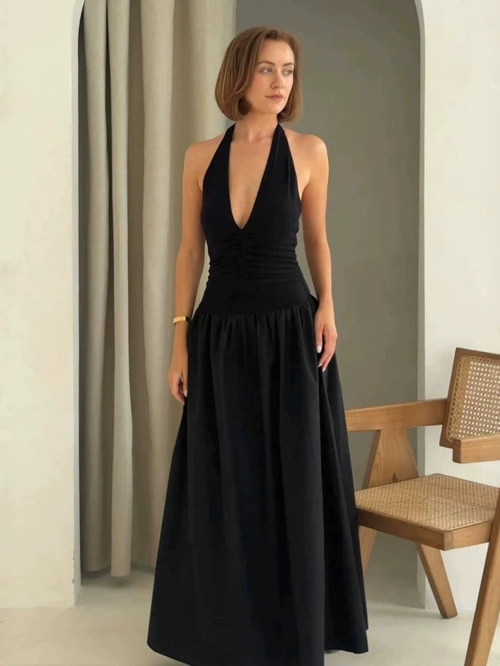 Black Halter V-Neck Knit A-Line Dress, French Vintage High-Waist Modal Dress for Women