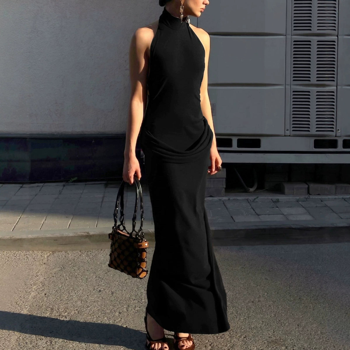 Halter Knit Bodycon Maxi Dress, Draped Modal Long Dress for Women