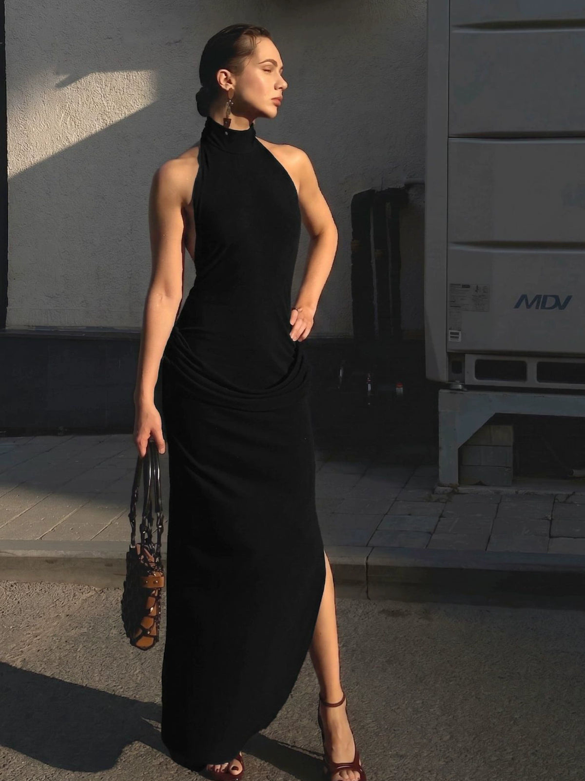 Halter Knit Bodycon Maxi Dress, Draped Modal Long Dress for Women