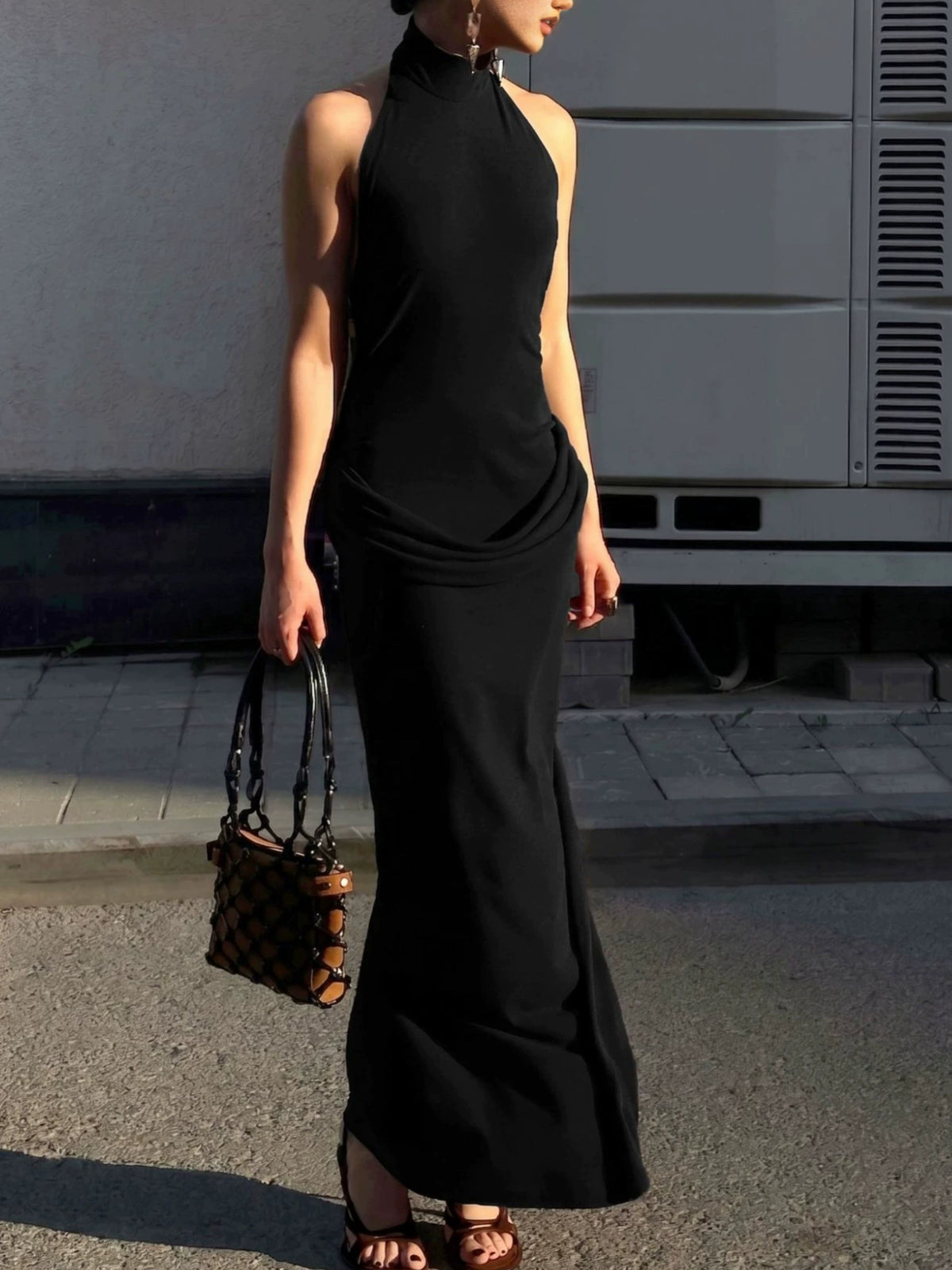 Halter Knit Bodycon Maxi Dress, Draped Modal Long Dress for Women