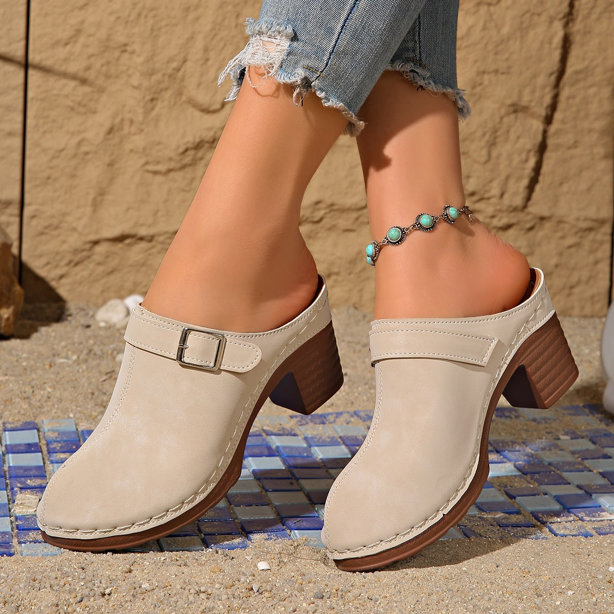Women's Summer Chunky Sole Closed Toe Block Heel Wedge Slip-On Slide Slippers Indoor Outdoor Slides