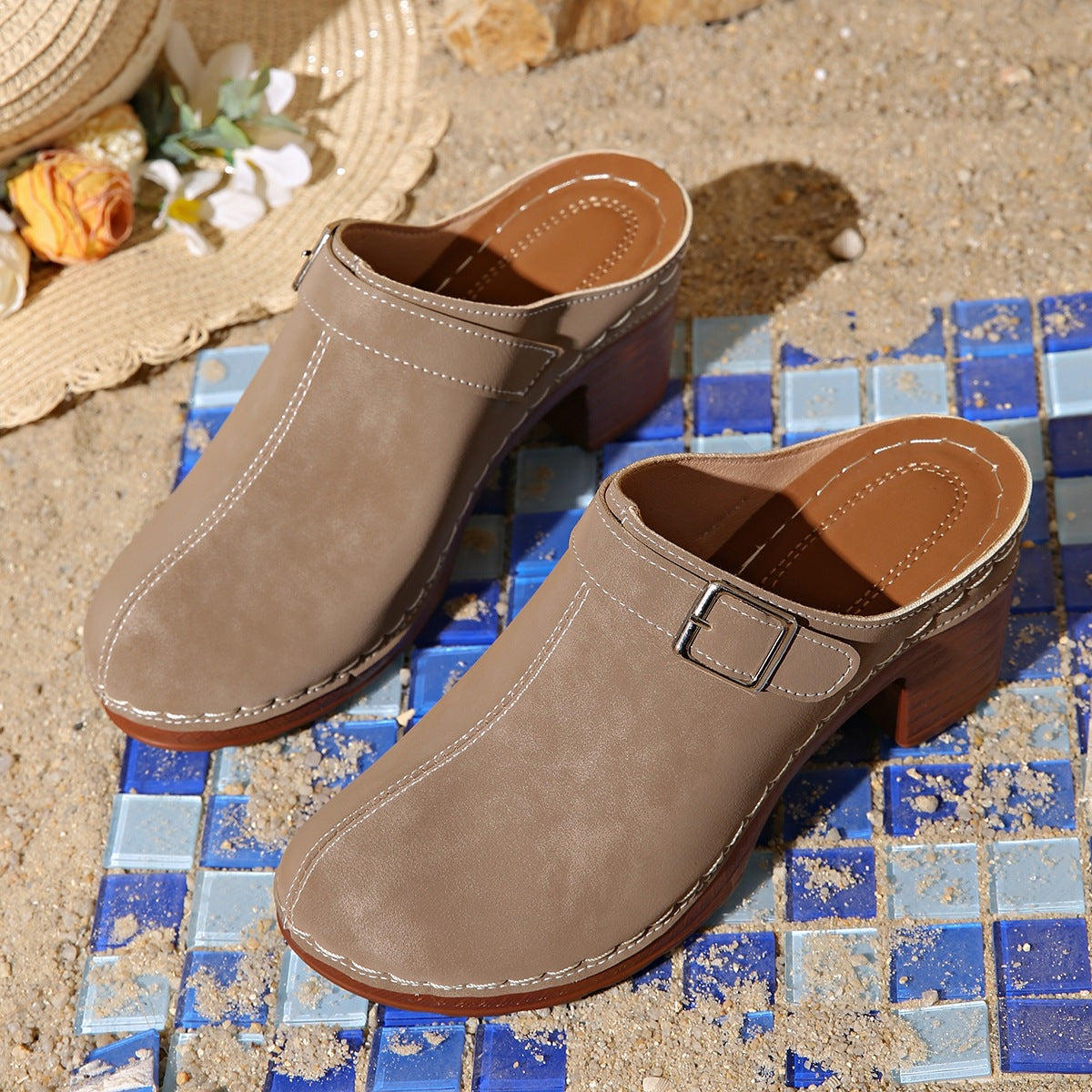 Women's Summer Chunky Sole Closed Toe Block Heel Wedge Slip-On Slide Slippers Indoor Outdoor Slides