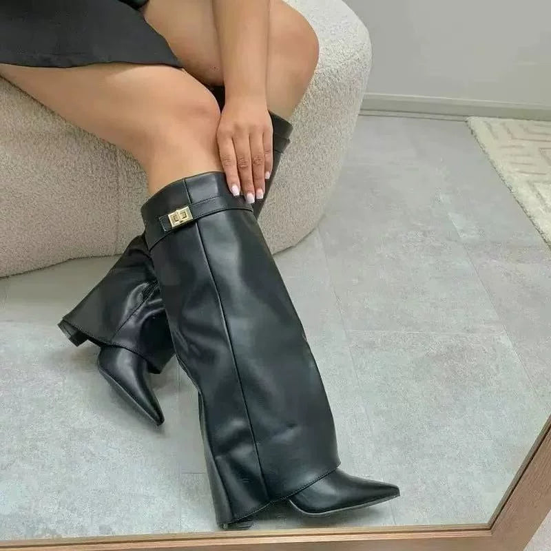 Women's Straight Metal Pointed Toe Block Heel Plus Size Tube Boots Ankle for Fall Outfits Streetwear Winter Office and Weekend Everyday Wear