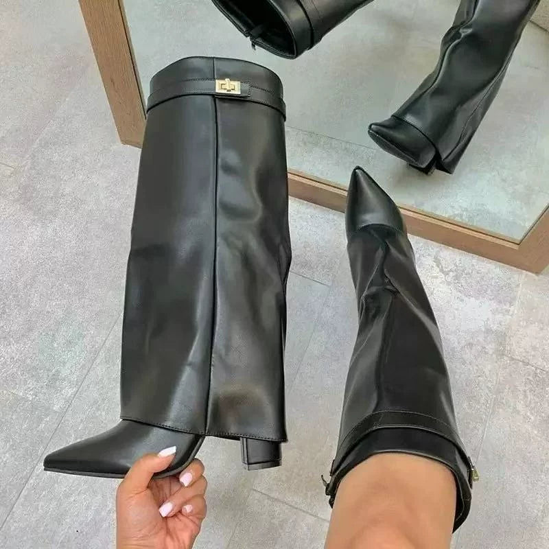 Women's Straight Metal Pointed Toe Block Heel Plus Size Tube Boots Ankle for Fall Outfits Streetwear Winter Office and Weekend Everyday Wear