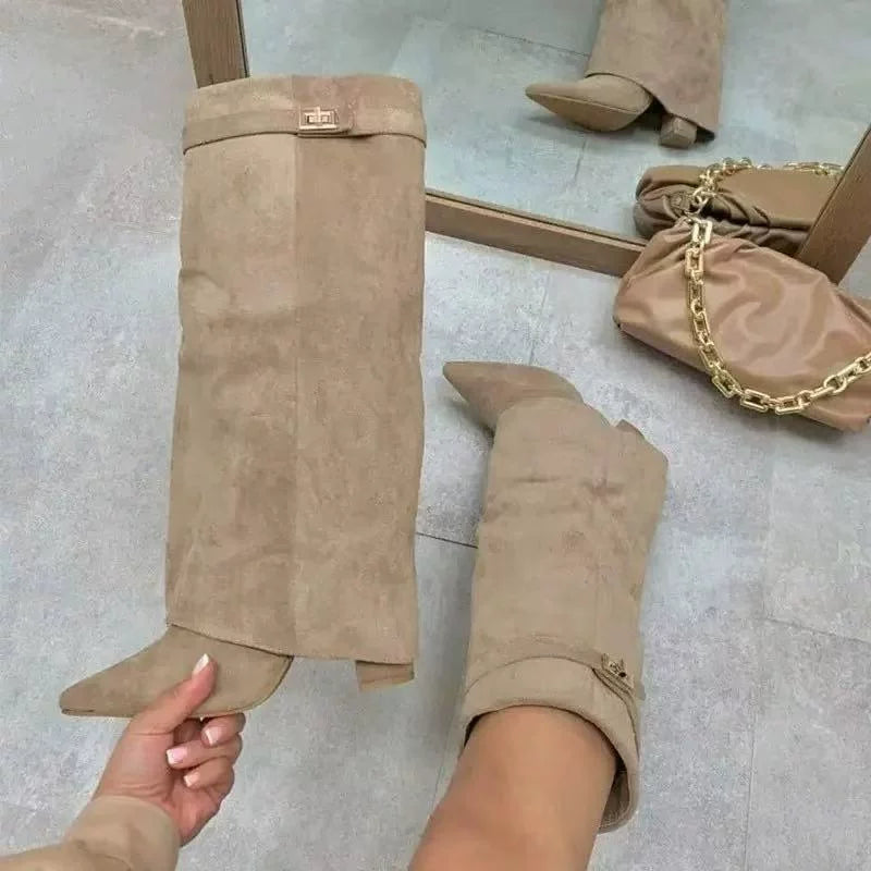 Women's Straight Metal Pointed Toe Block Heel Plus Size Tube Boots Ankle for Fall Outfits Streetwear Winter Office and Weekend Everyday Wear