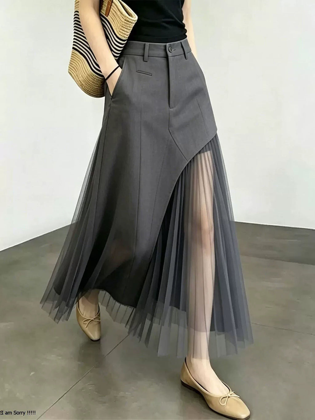 Women's Summer Grey A-line High-waist Breathable Mesh Slim-fit Skirt for Fall Layering Office Spring Slimming Weekend Everyday
