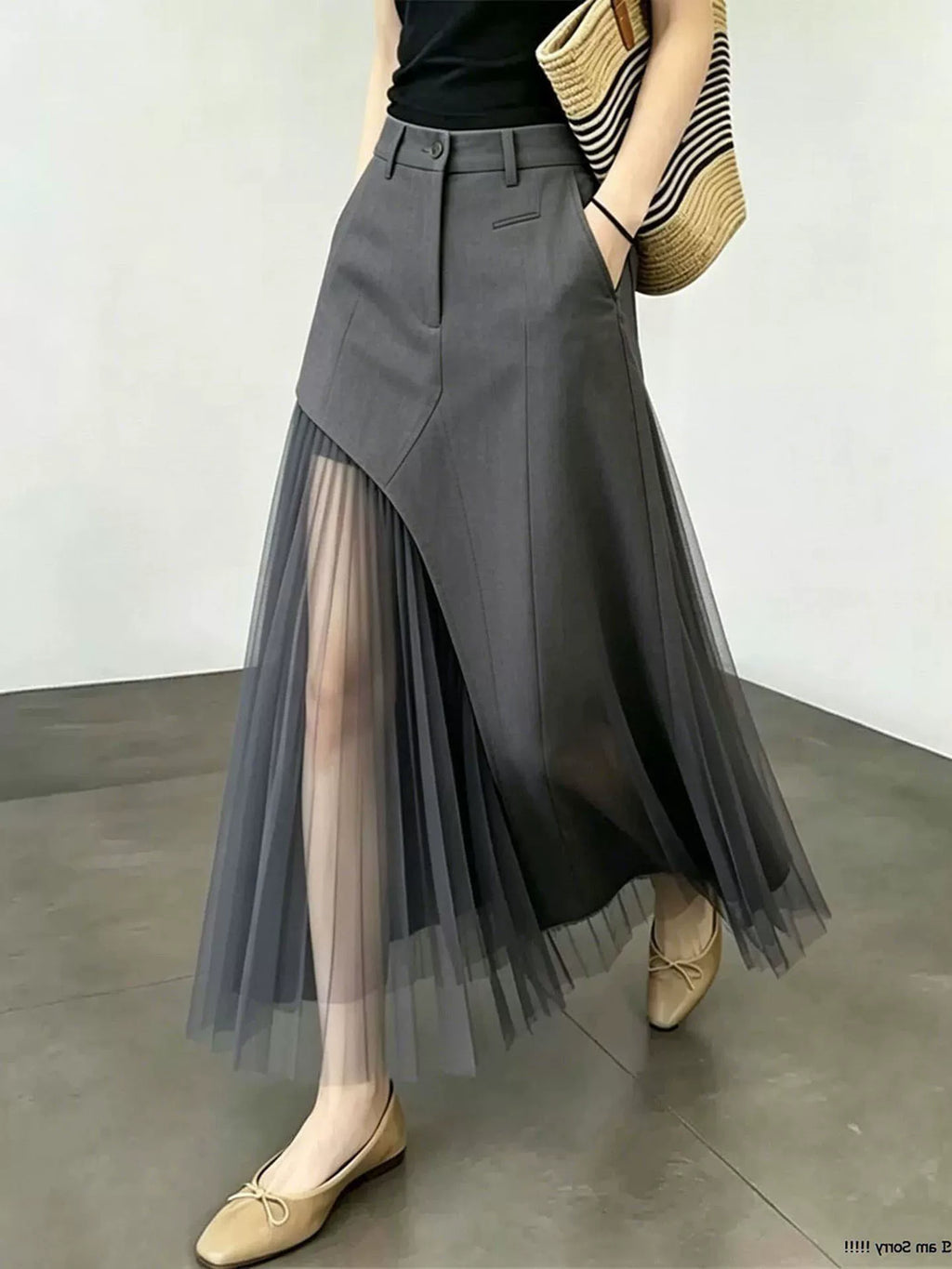 Women's Summer Grey A-line High-waist Breathable Mesh Slim-fit Skirt for Fall Layering Office Spring Slimming Weekend Everyday