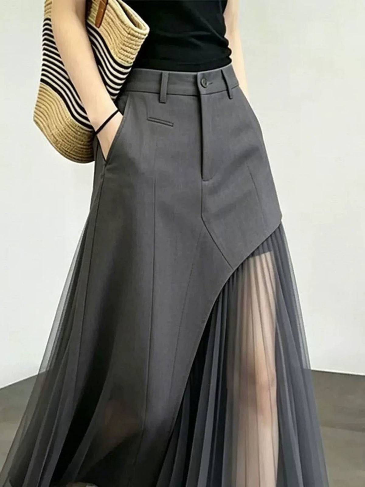 Women's Summer Grey A-line High-waist Breathable Mesh Slim-fit Skirt for Fall Layering Office Spring Slimming Weekend Everyday
