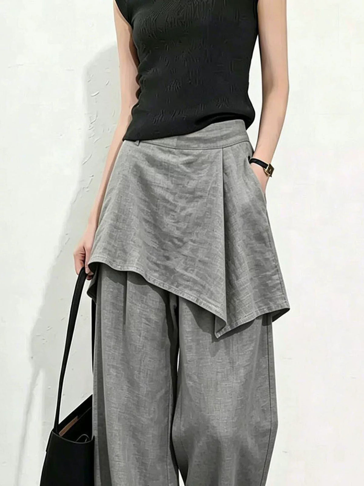 Women's Grey Linen High-waist Slim-fit Casual Clothing Top Weekend Everyday Wear Slimming
