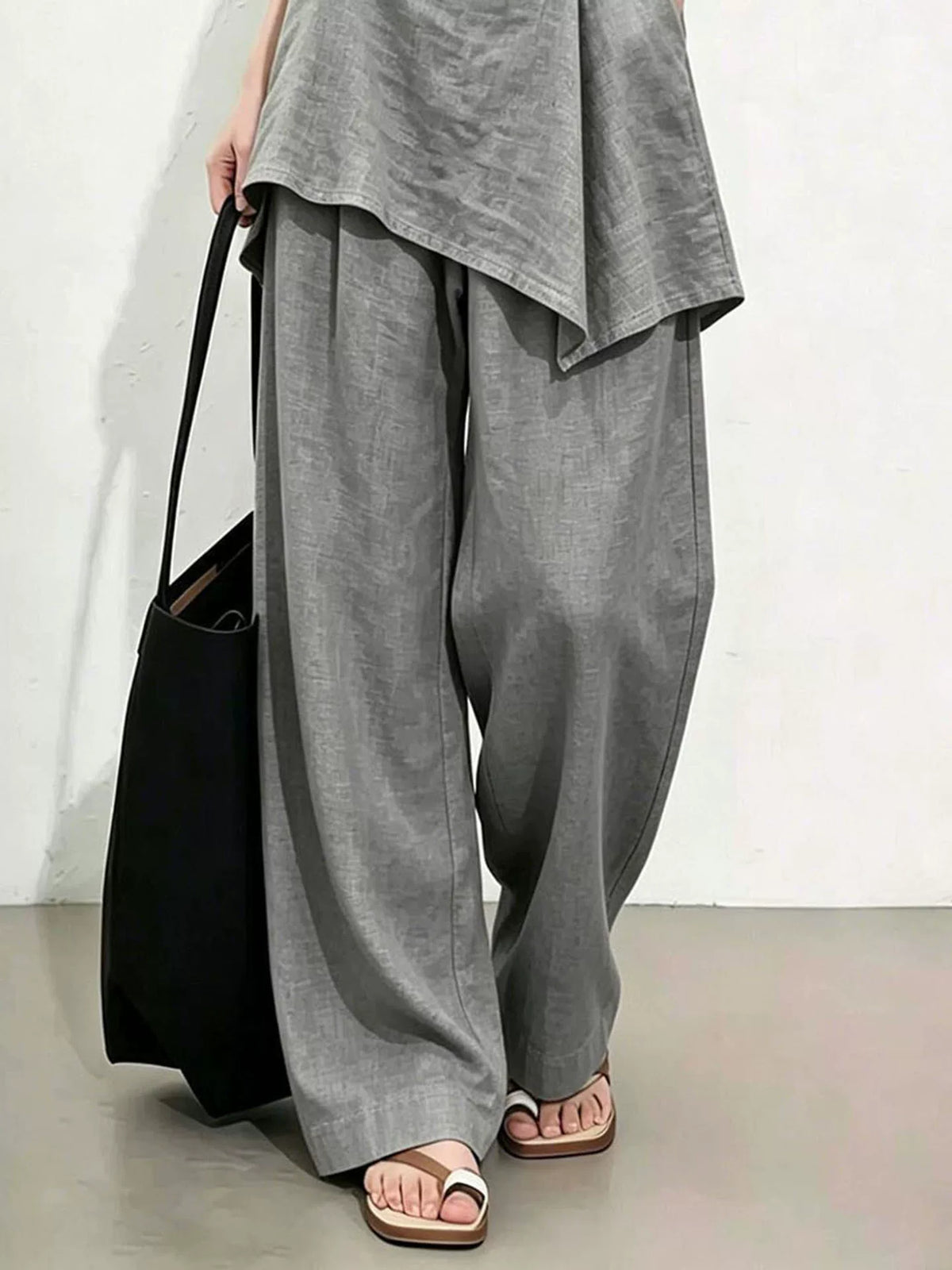 Women's Grey Linen High-waist Slim-fit Casual Clothing Top Weekend Everyday Wear Slimming