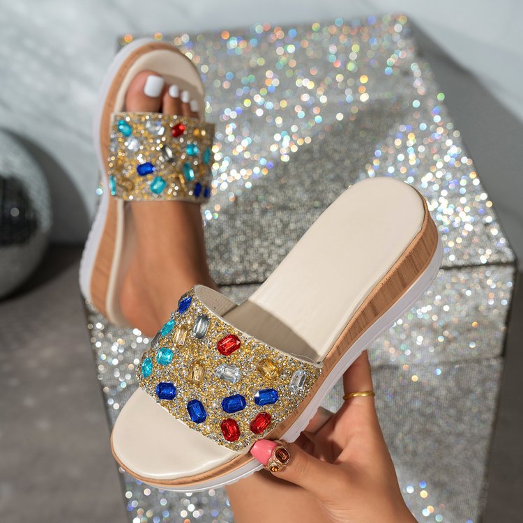 Women's Summer Round Toe Crystal Roman Slide Slippers Indoor Outdoor Slides House