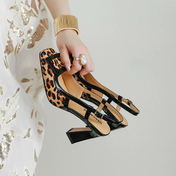 Women's Office Leopard Leather Square Toe Block Heel High Heel Slim-Fit Workwear Sandals for Summer Weddings Beach Vacation Everyday Wear Travel