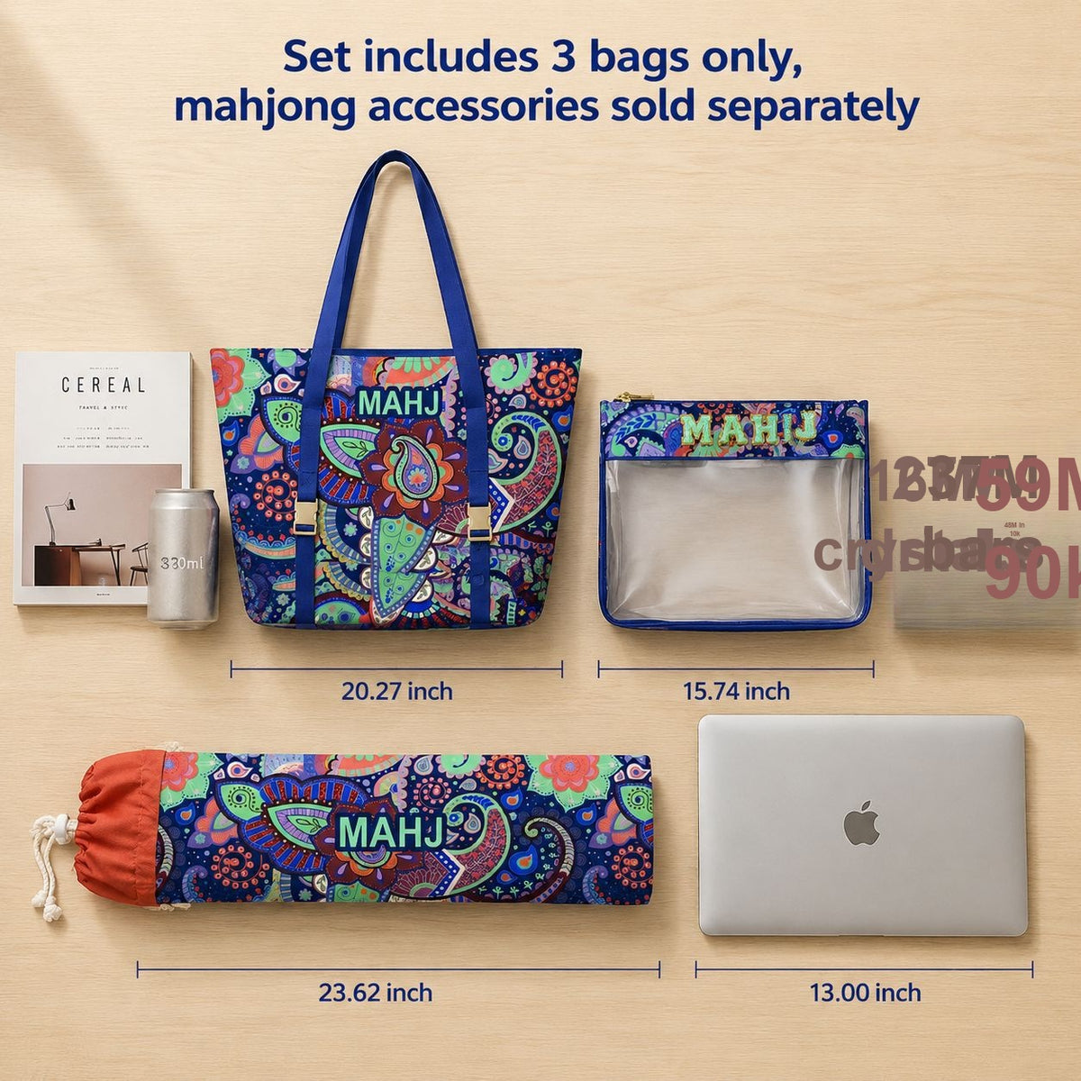 Large-capacity Boho Mahjong Travel Bag Tote Set Toiletry Makeup Cosmetic Pouch Gift