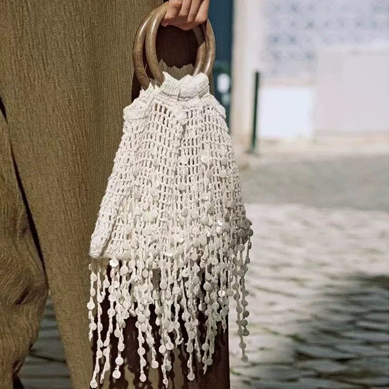Women's Woven Shell Tassel Cutout Handbag Shoulder Crossbody Purse for Work and Travel Office School Everyday Date Night