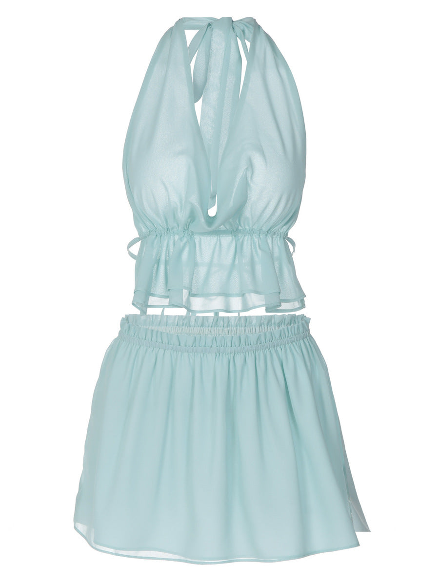 Women's Summer Chiffon Slit Open-Back Cowl-Neck Beach Mini Skirt for Fall Layering Office Spring Weekend Everyday