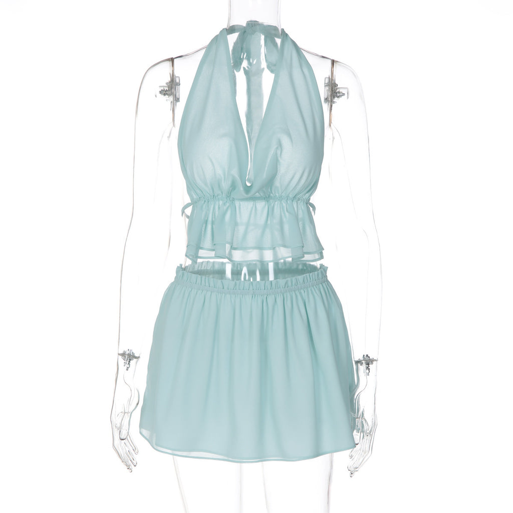 Women's Summer Chiffon Slit Open-Back Cowl-Neck Beach Mini Skirt for Fall Layering Office Spring Weekend Everyday
