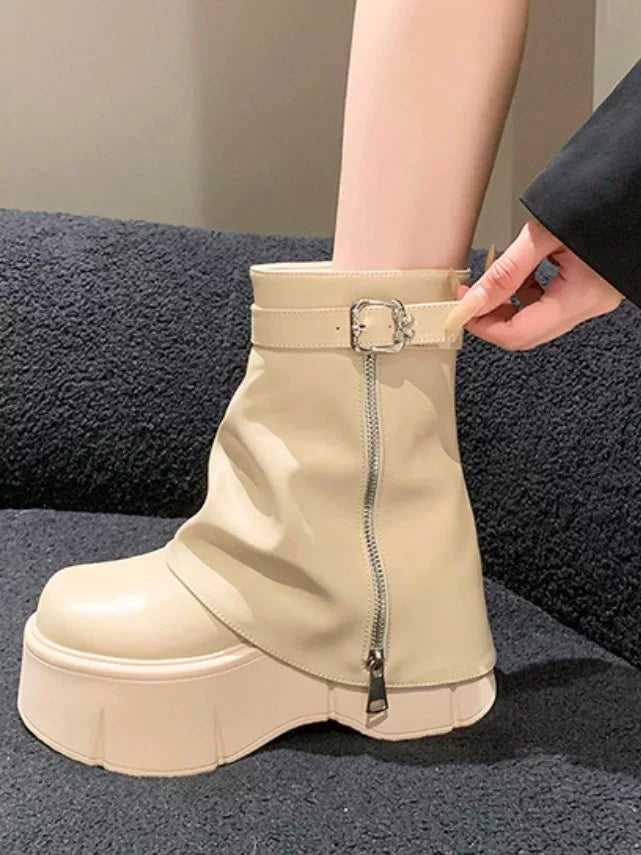 Women's Chunky Sole Petite Slim-fit Lift Retro Tube Boots for Fall Outfits Streetwear Winter Slimming Office and Weekend Everyday Wear