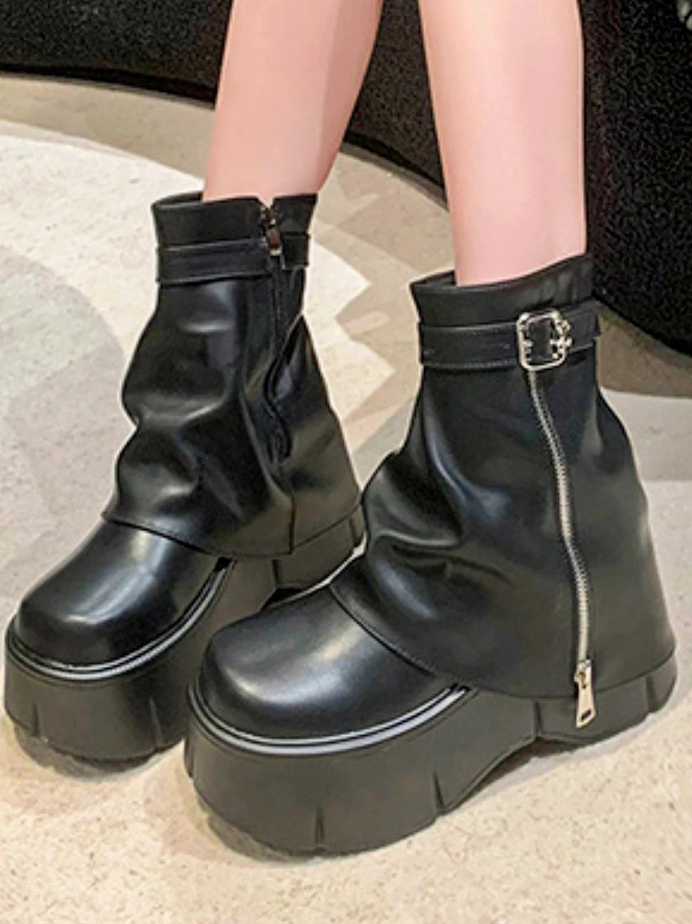 Women's Chunky Sole Petite Slim-fit Lift Retro Tube Boots for Fall Outfits Streetwear Winter Slimming Office and Weekend Everyday Wear