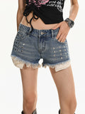 Women's Studded Summer Washed Retro Denim Shorts Weekend Everyday Wear Seasonal Look